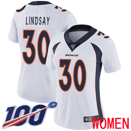 Women Denver Broncos #30 Phillip Lindsay White Vapor Untouchable Limited Player 100th Season Football NFL Jersey
